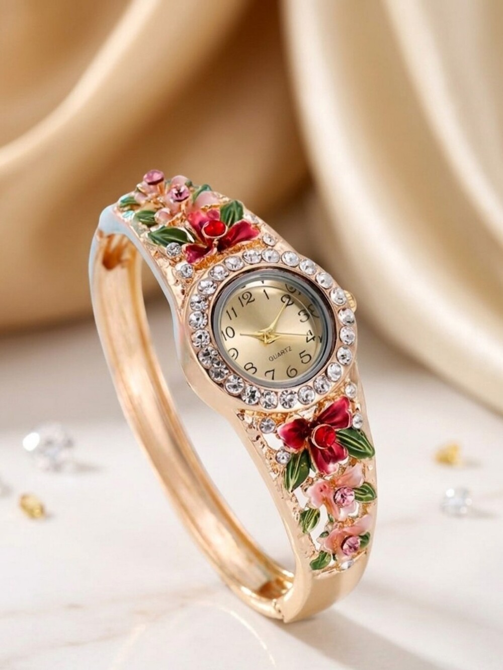 Gold Floral Bangle Watch Red Pink Flower Rhinestone Cuff